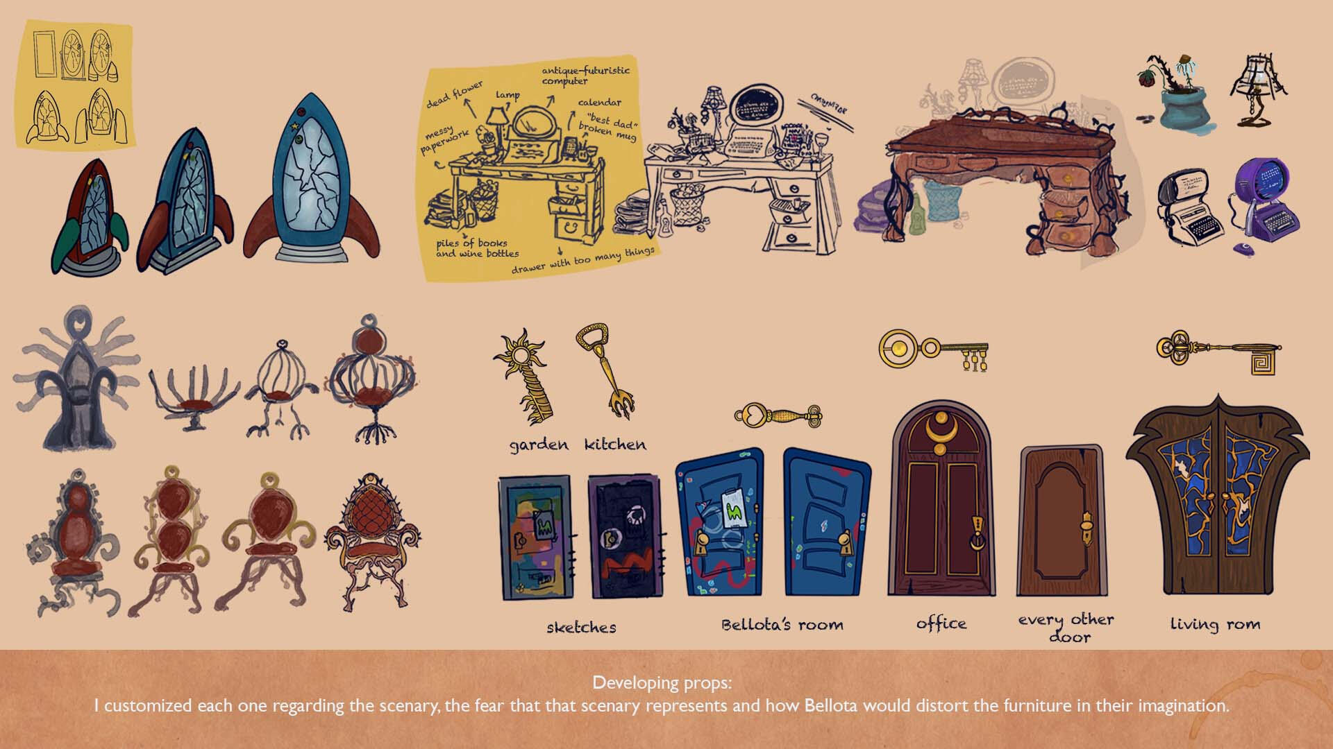 developing props: I customized each one regarding the scenary, the fear that that scenary represents and how Bellota would distort the furniture in their head