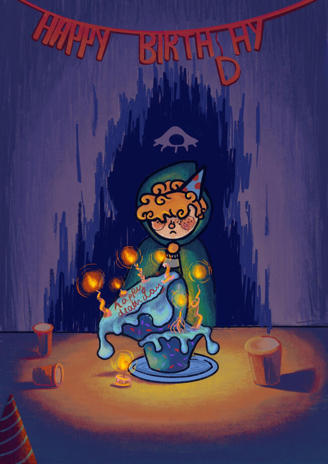 Bellota alone in their birthday party about to blow the candles. They look sad. Cake says "happy deathday", and it's melting. Candles' lights form a shadow behind Bellota. Their shadow...? The shadow is a monster.