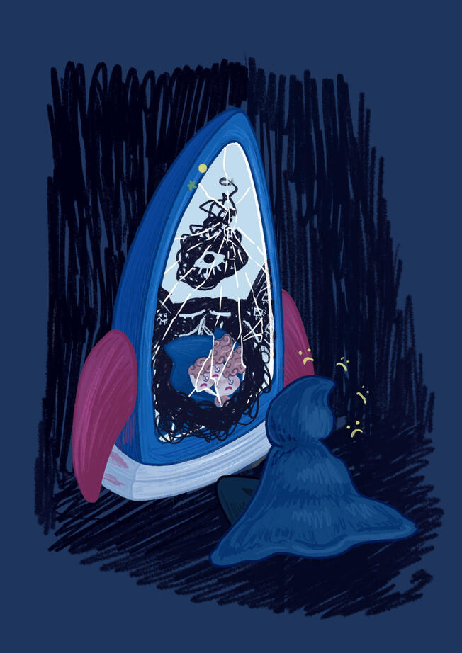 Bellota looking theirselfs in a broken mirror, but they see a monster behind them (that is not actually there).