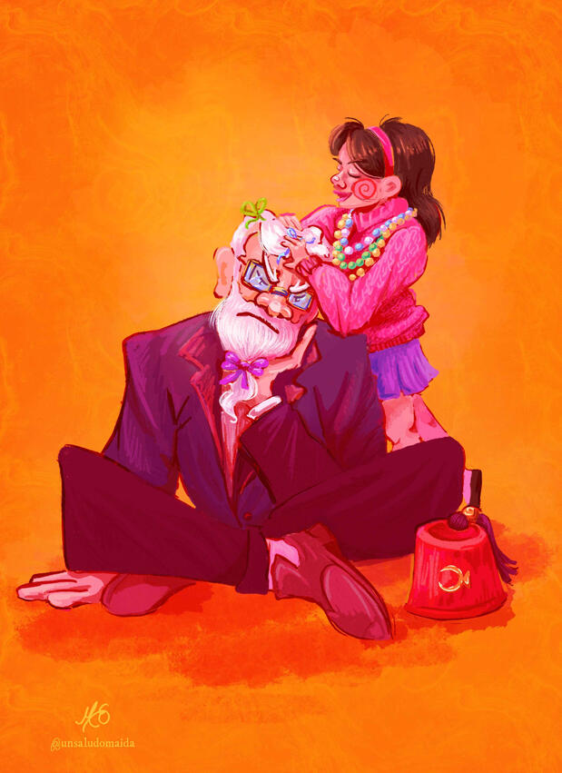 kid playing hairdresser with his grumpy grandad